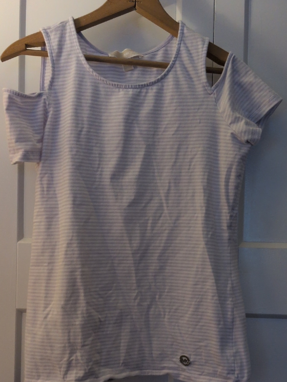 Michael Kors Lavender and White Striped Cold-Shoulder Tee
